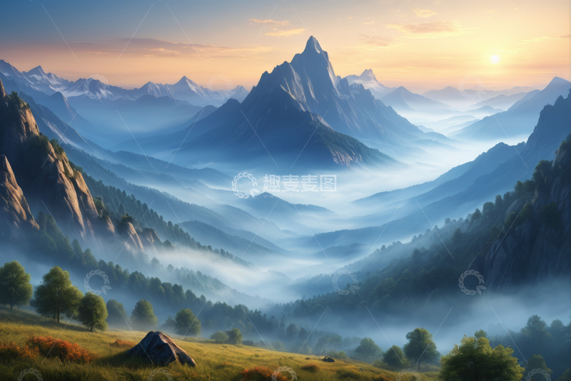 高清大图下载【趣麦麦图】山间日出自然风光全景