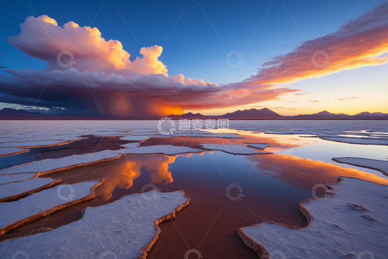 高清大图下载【趣麦麦图】盐沼上壮丽的天空与晚霞景观