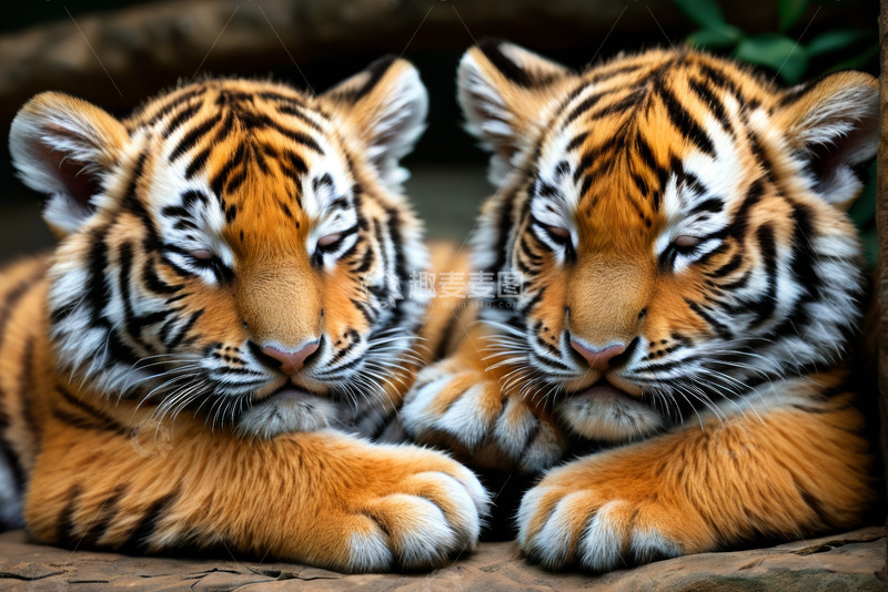 高清大图下载【趣麦麦图】两只小老虎趴卧特写