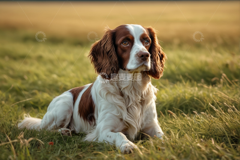 高清大图下载【趣麦麦图】草地上休憩的棕白相间宠物狗