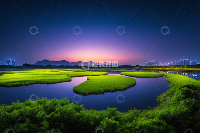 高清大图下载【趣麦麦图】城市边湿地夜景风光