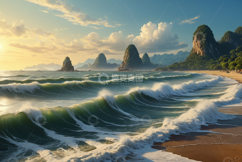 高清大图下载【趣麦麦图】海浪拍打沙滩的海滨风光