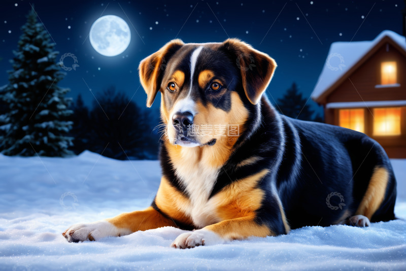 高清大图下载【趣麦麦图】雪夜中趴卧的大狗