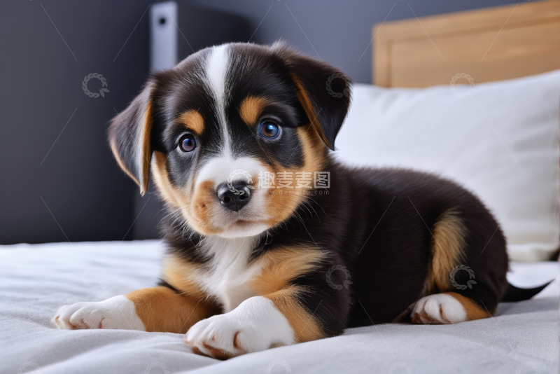 高清大图下载【趣麦麦图】床上趴着的三色小狗