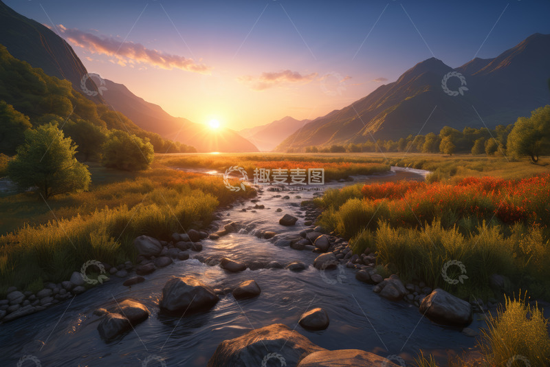 高清大图下载【趣麦麦图】山谷溪流日出自然风光