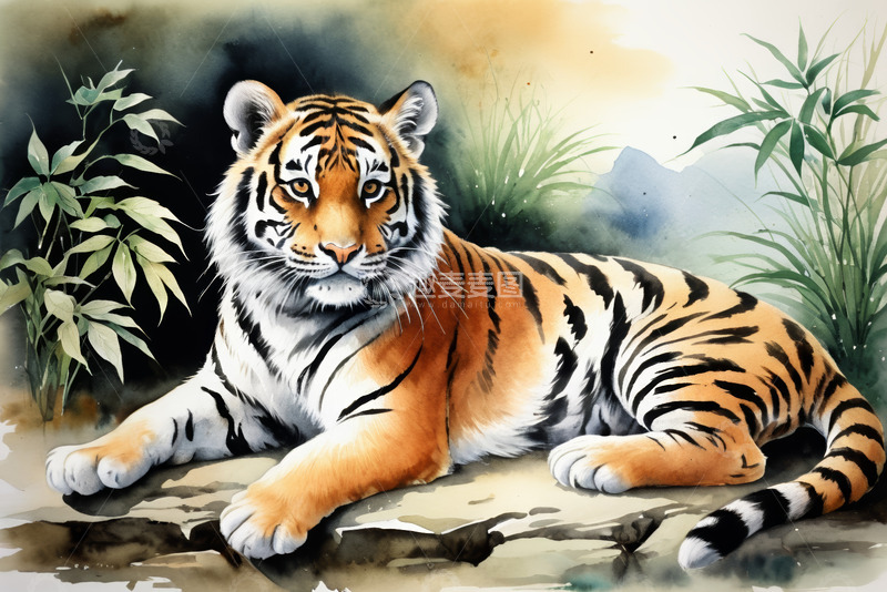 高清大图下载【趣麦麦图】水彩风格老虎休憩图