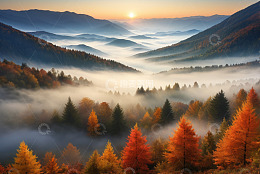 山间晨雾中的秋日森林景观