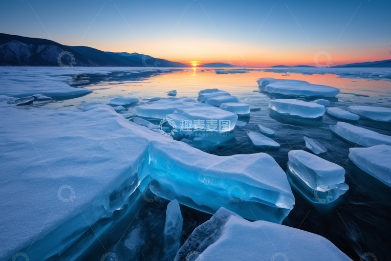 高清大图下载【趣麦麦图】冰面夕阳自然风光景象