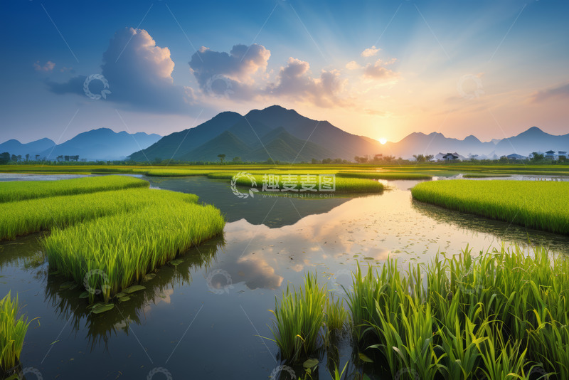 高清大图下载【趣麦麦图】稻田山水夕阳全景