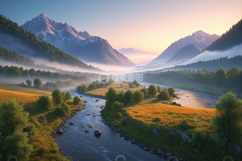 高清大图下载【趣麦麦图】山间河流与晨雾自然风光