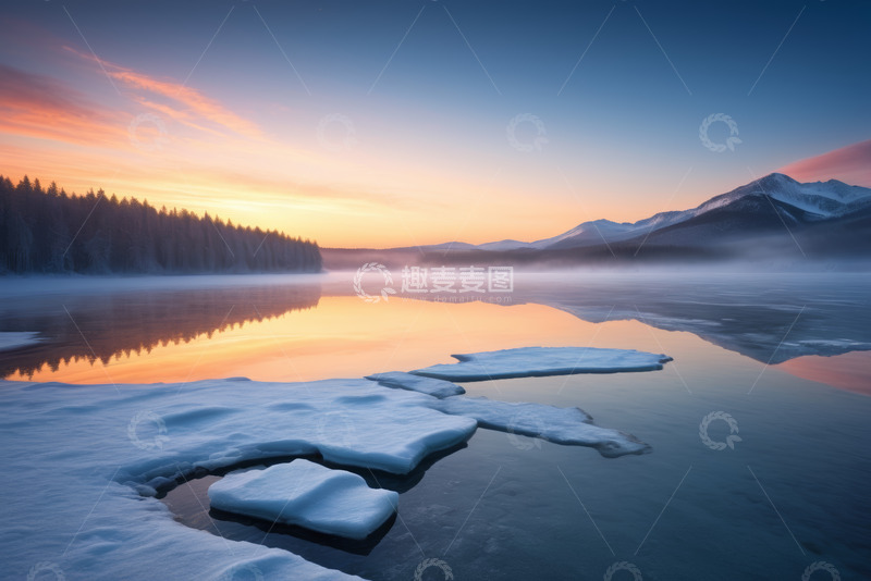 高清大图下载【趣麦麦图】冬日湖面日出自然风光