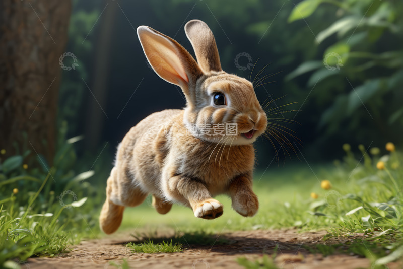 高清大图下载【趣麦麦图】奔跑的野兔在绿意盎然的草地