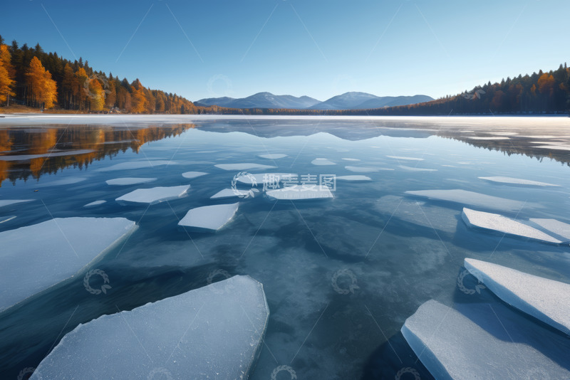 高清大图下载【趣麦麦图】秋季湖面漂浮碎冰自然风光