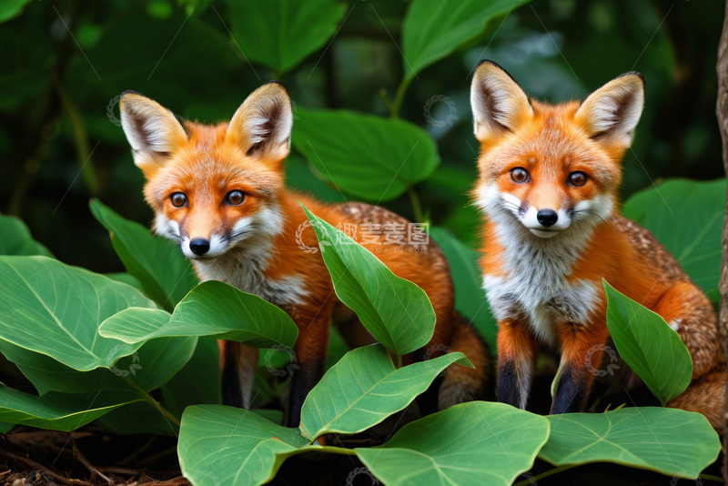 高清大图下载【趣麦麦图】两只狐狸于绿植间的自然景象