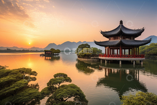 杭州西湖日落时的湖心亭景观