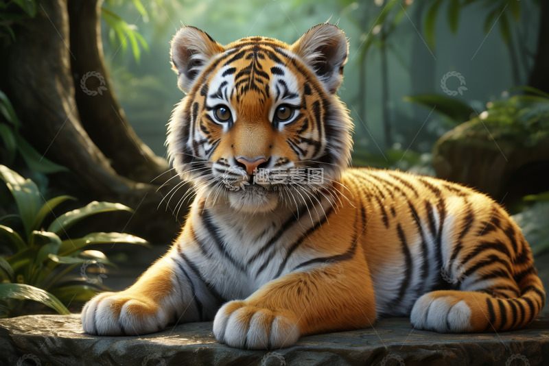 高清大图下载【趣麦麦图】丛林中趴卧的老虎