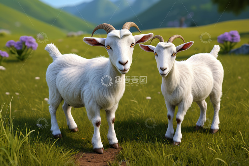 高清大图下载【趣麦麦图】草地上的两只山羊