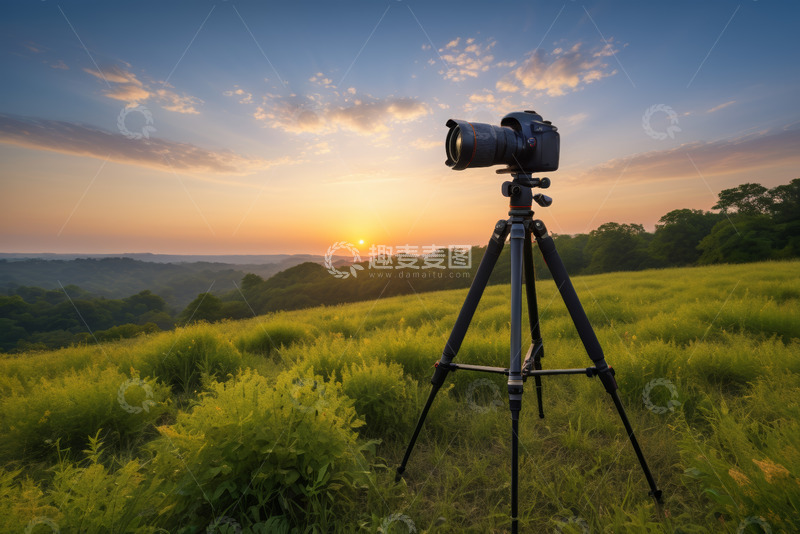 高清大图下载【趣麦麦图】田野上三脚架架起相机拍日落
