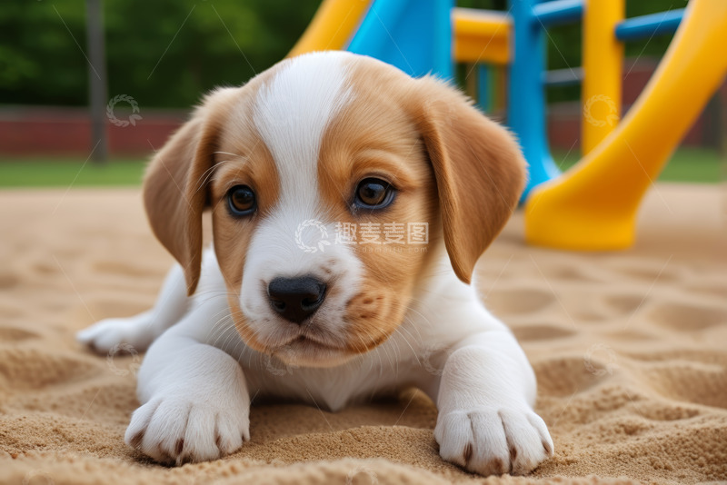 高清大图下载【趣麦麦图】沙滩上趴着的可爱小狗