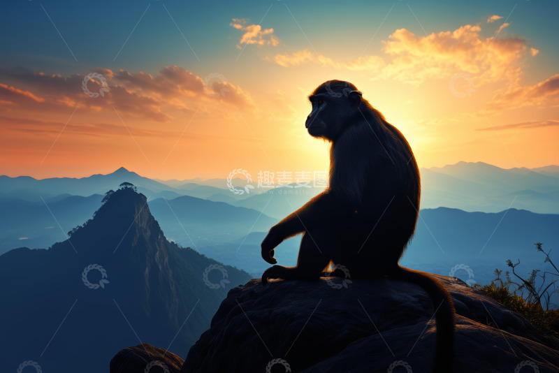 高清大图下载【趣麦麦图】山顶猴子坐立眺望群山