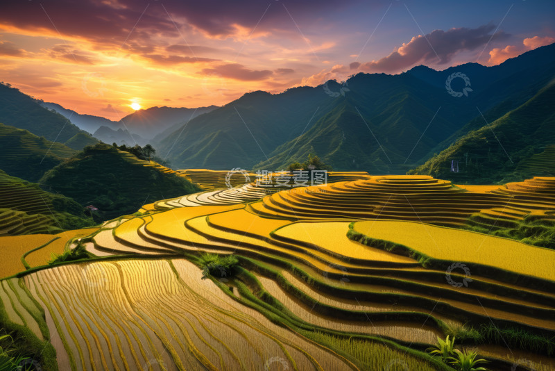 高清大图下载【趣麦麦图】夕阳下的山间梯田美景