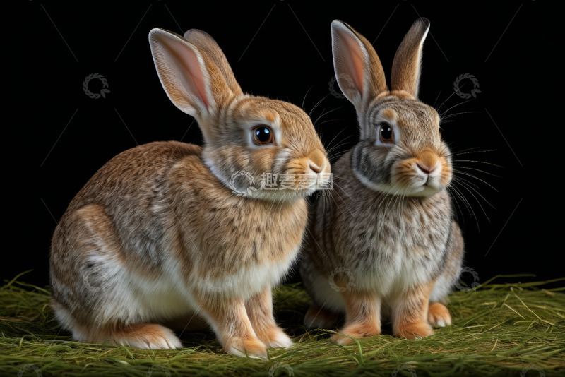 高清大图下载【趣麦麦图】两只兔子坐于青草上特写