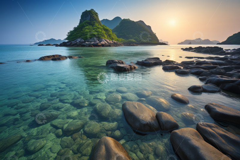高清大图下载【趣麦麦图】海边日落时分的礁石与岛屿
