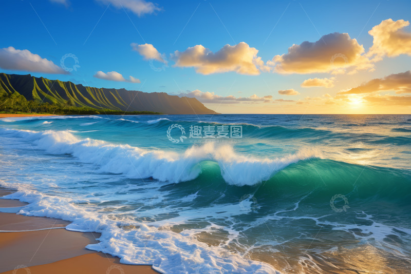 高清大图下载【趣麦麦图】海滩海浪与远山日落景观