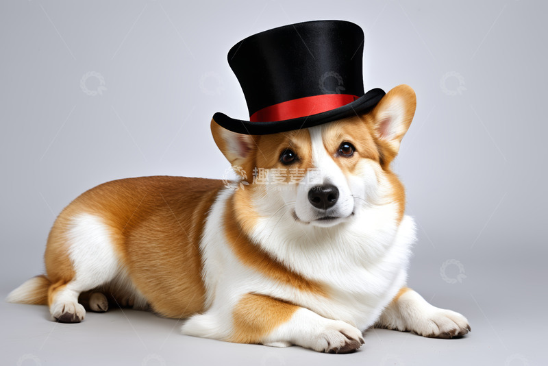 高清大图下载【趣麦麦图】戴礼帽趴卧的柯基犬