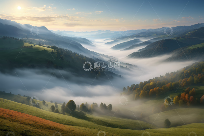 高清大图下载【趣麦麦图】山间晨雾弥漫的自然风光