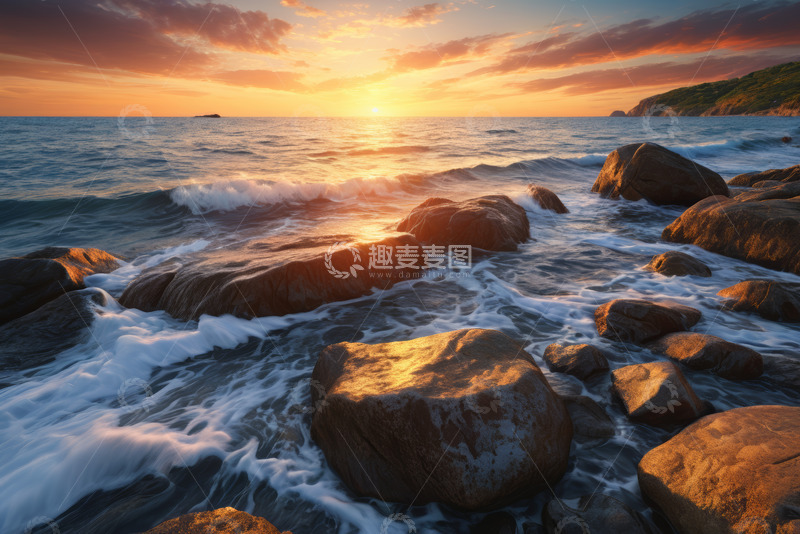 高清大图下载【趣麦麦图】海边日落海浪拍打礁石场景