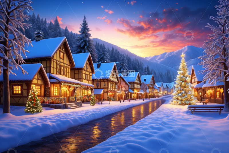 高清大图下载【趣麦麦图】雪中小镇圣诞夜景风光