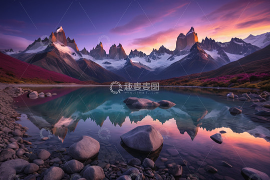 雪山湖泊黄昏美景