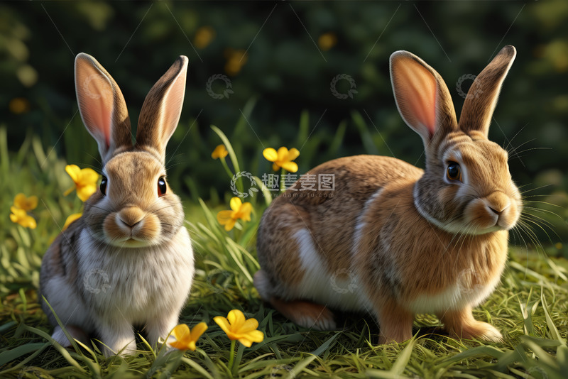 高清大图下载【趣麦麦图】草地上的两只可爱兔子