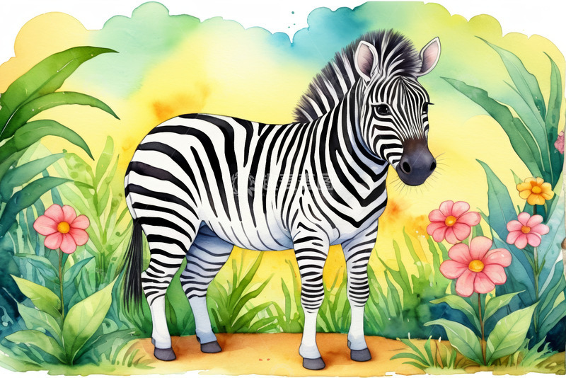 高清大图下载【趣麦麦图】水彩风格斑马站在花草间