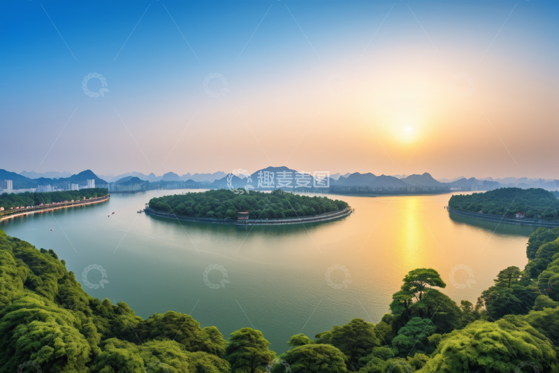 高清大图下载【趣麦麦图】湖畔日落自然风光全景