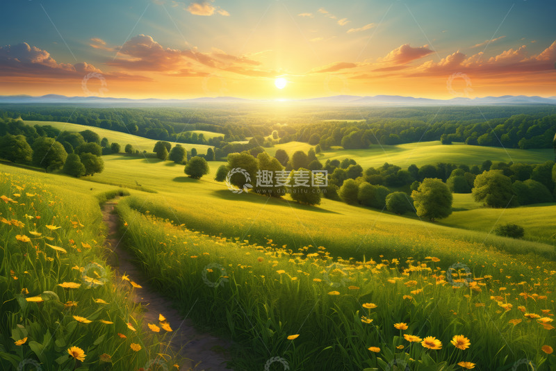 高清大图下载【趣麦麦图】田园风光日落时分的草地景色