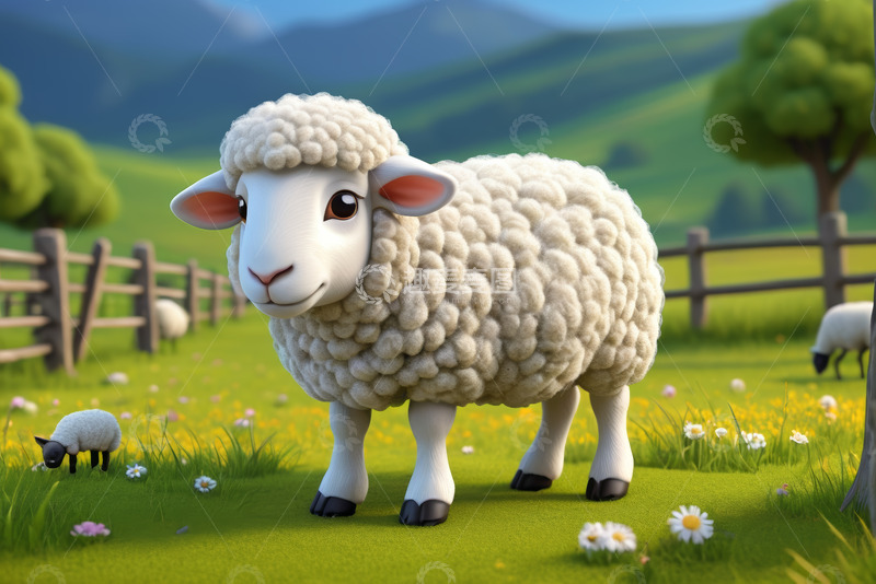 高清大图下载【趣麦麦图】卡通绵羊站在田园草地