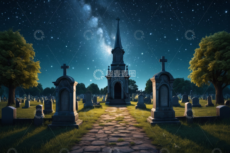 高清大图下载【趣麦麦图】夜晚墓地教堂与星空景观