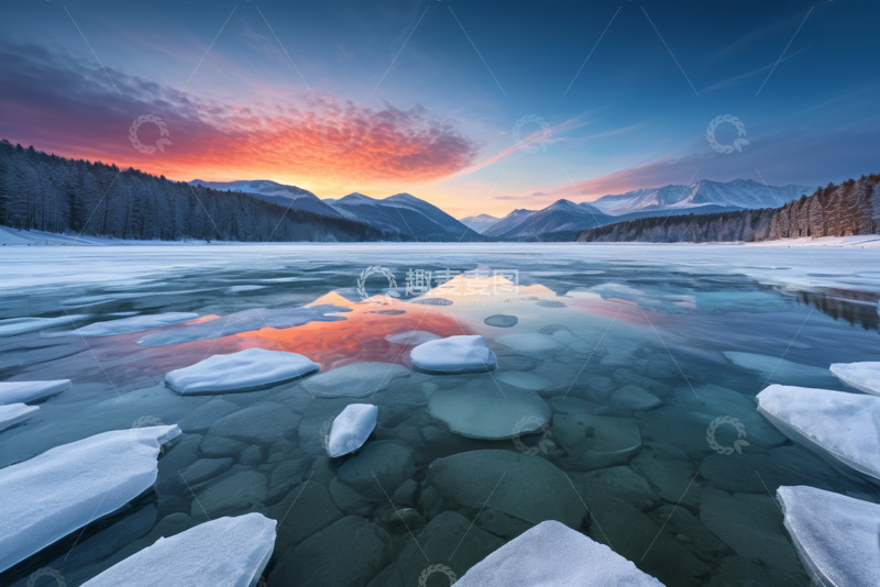 高清大图下载【趣麦麦图】冬日湖面浮冰与远山日落景象