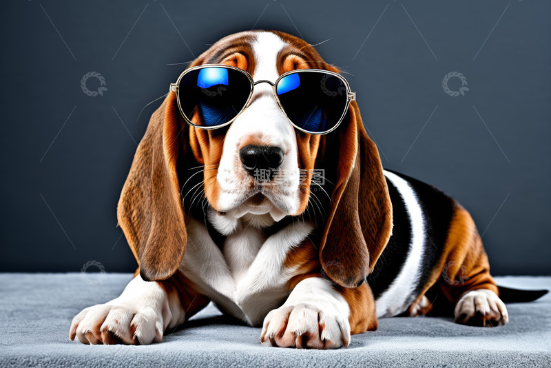 高清大图下载【趣麦麦图】戴墨镜趴卧的巴吉度猎犬