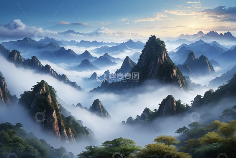 高清大图下载【趣麦麦图】连绵山峦与云雾自然风光