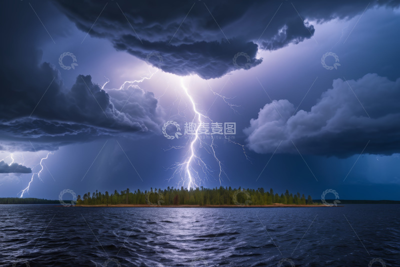 高清大图下载【趣麦麦图】湖面闪电风暴中的湖心岛
