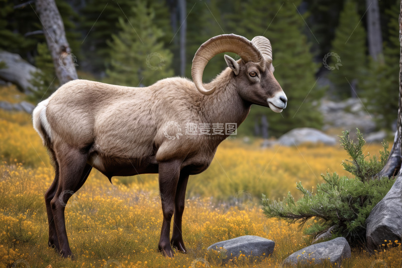 高清大图下载【趣麦麦图】户外站立的大角羊