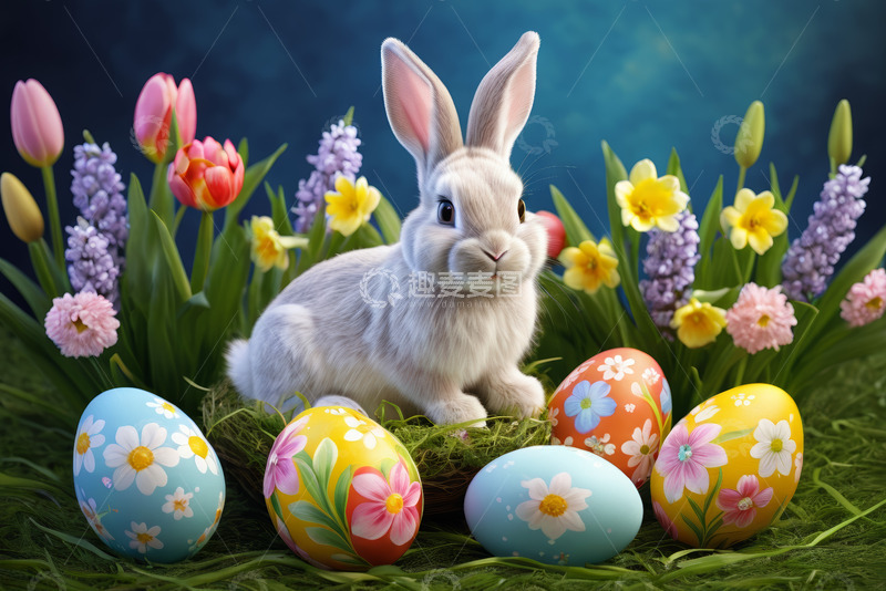 高清大图下载【趣麦麦图】复活节兔子与彩蛋花卉场景