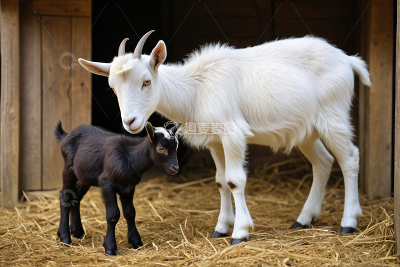 高清大图下载【趣麦麦图】农场中母山羊与小山羊的场景