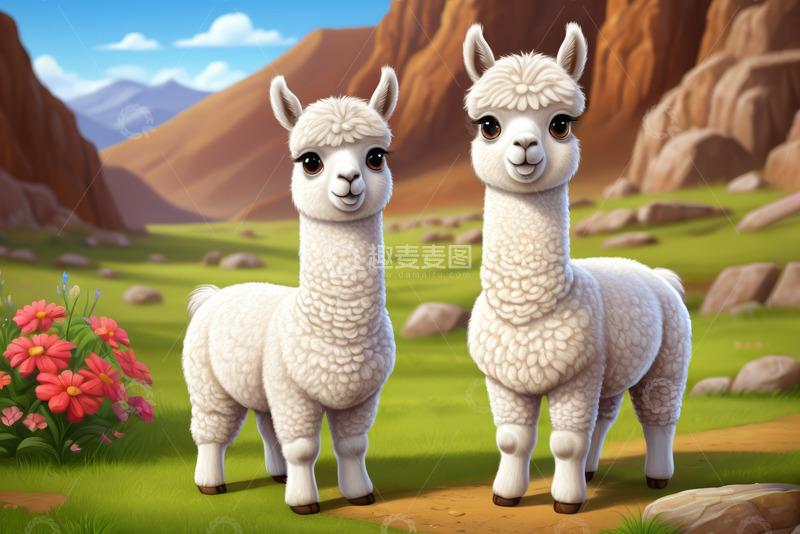 高清大图下载【趣麦麦图】田园草地上的两只可爱羊驼