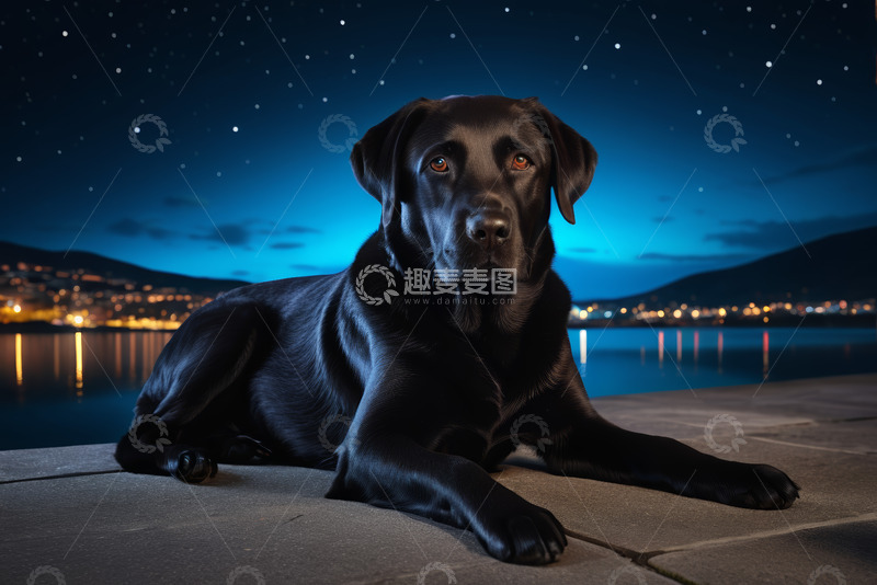 高清大图下载【趣麦麦图】夜晚湖畔趴着的黑色拉布拉多犬
