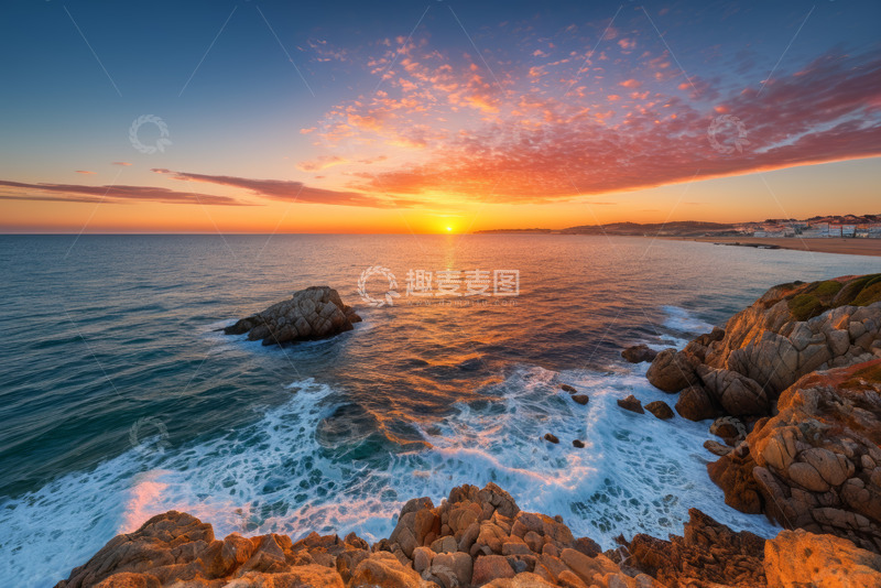 高清大图下载【趣麦麦图】海边日落时分的礁石景观