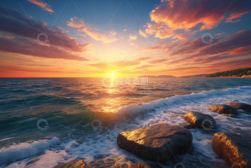 高清大图下载【趣麦麦图】海边日落时分海浪拍打礁石